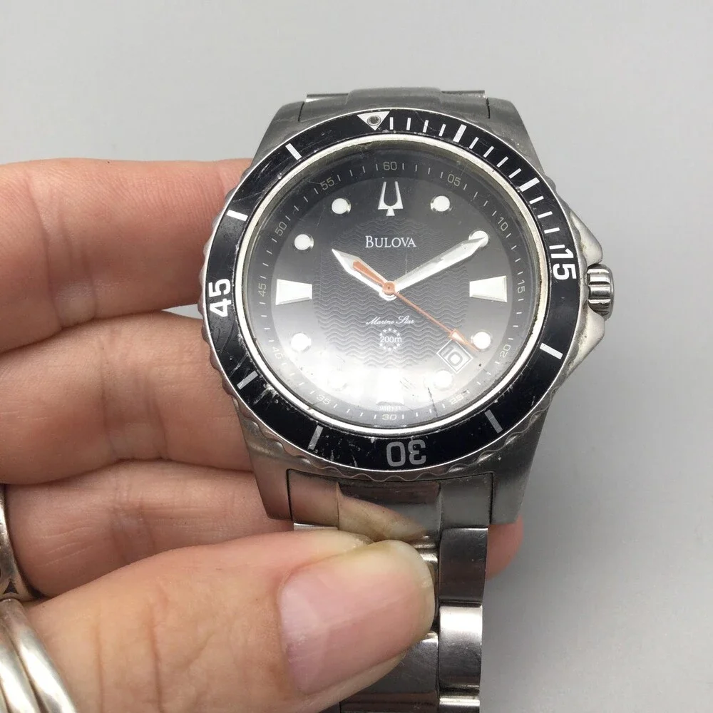 Bulova Marine Star 98B131 Mens Watch 42mm Black Dial Stainless New Battery 8.5